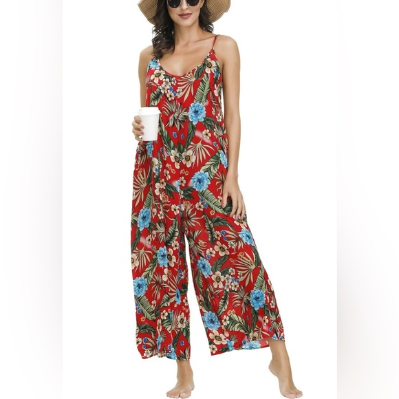 BUENOS NINOS Floral Boho Wide Leg Jumpsuit Adjustable Straps w/Pockets Size M - Picture 3 of 10